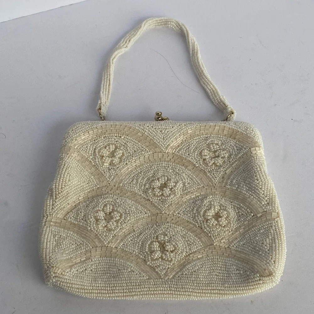 Beaded Evening Bag Women Small White Excellent Vintage Scalloped Fan Korea
